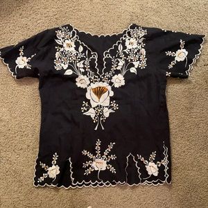 Navy blue vintage Mexican embroidered top